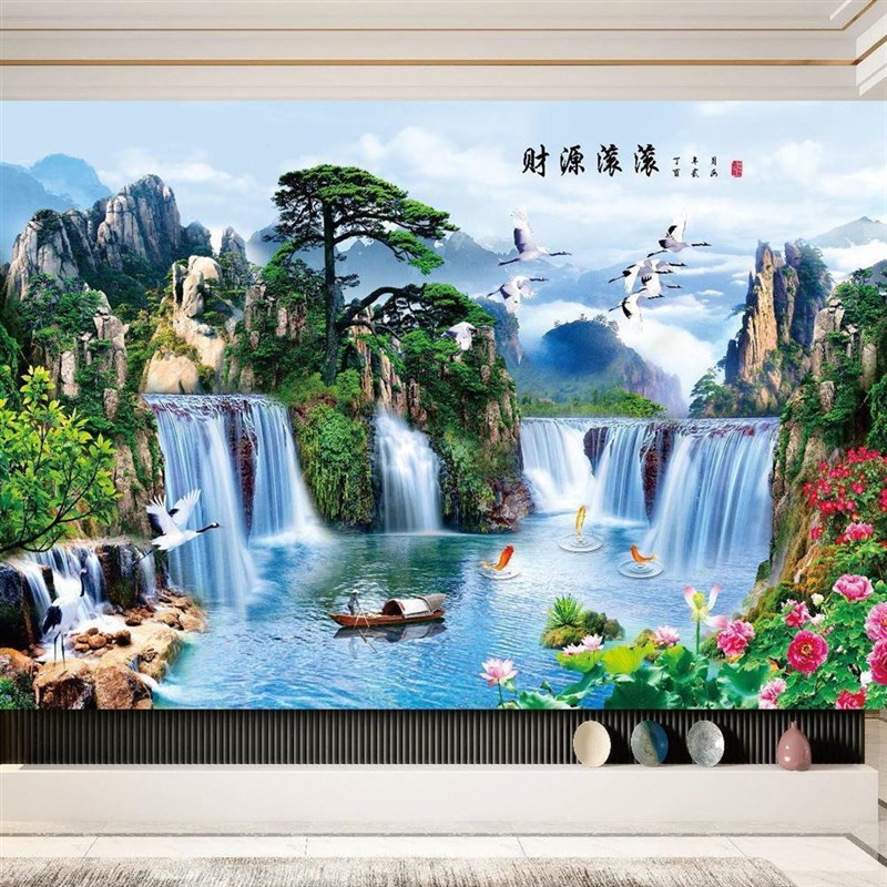 8d墙板现代流水集成生财电视中式竹木山水画背景墙纤维客厅墙影视