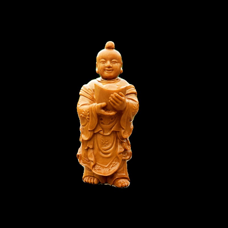 木雕招财童子中式家居茶宠黄杨木原木手工雕刻神像财神爷金童玉女