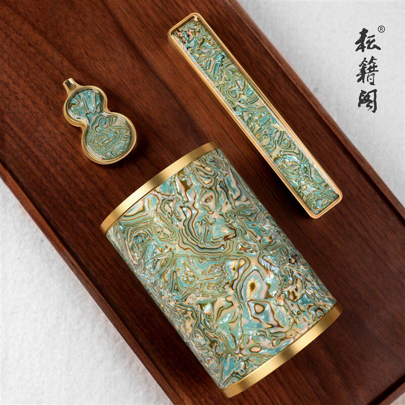 毛笔笔筒收纳盒螺钿黄铜金属笔筒创意高级感文房四宝桌面摆件笔筒
