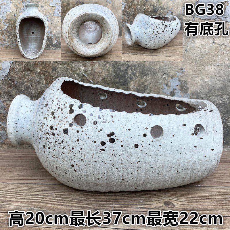 手工陶艺粗陶土陶罐子室内盆景盆栽古典陶瓷挂壁流水景观花盆垂挂