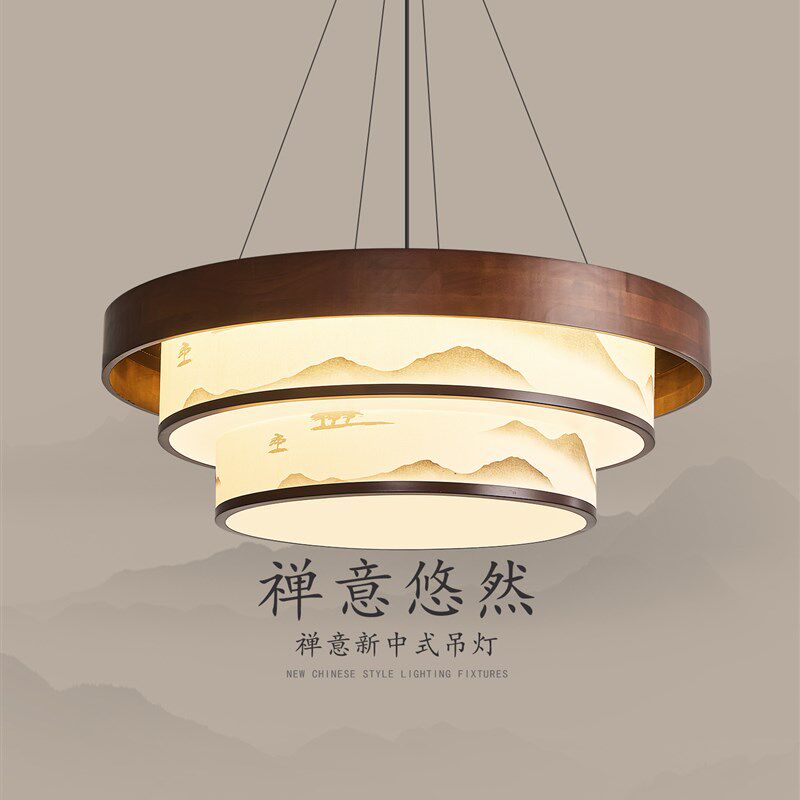 新中式客厅吊灯宋代美学覆古布艺山水画餐厅灯中式实木多层大厅灯