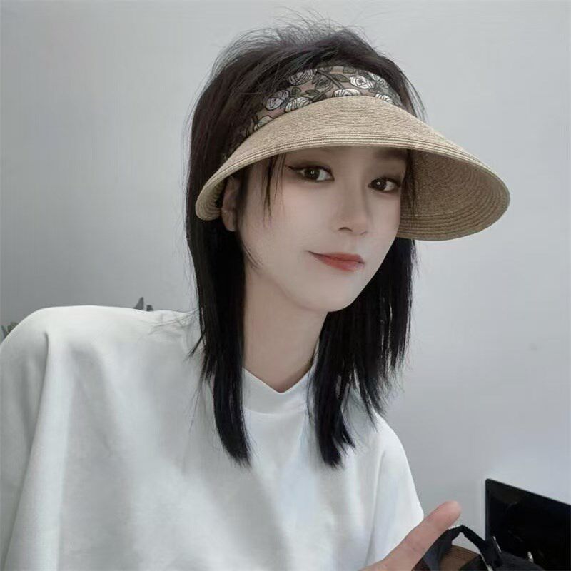 春夏遮阳纸草空顶帽大帽檐遮阳防晒可折叠扎马尾草帽百搭显脸小女