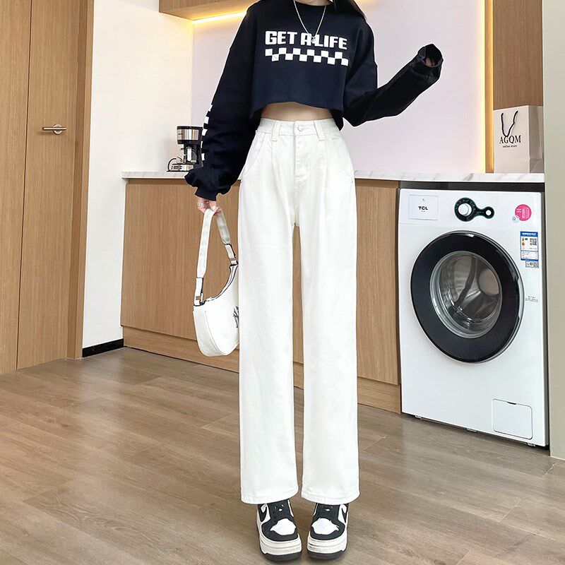 白色直筒牛仔裤女高腰显瘦2024年夏季薄款显瘦八九分卷边阔腿裤子