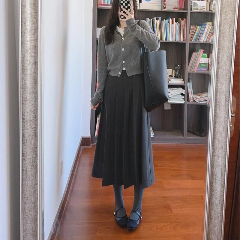 灰色西装半身裙女秋季新款胖妹妹mm高腰遮胯显瘦a字中长款百褶裙