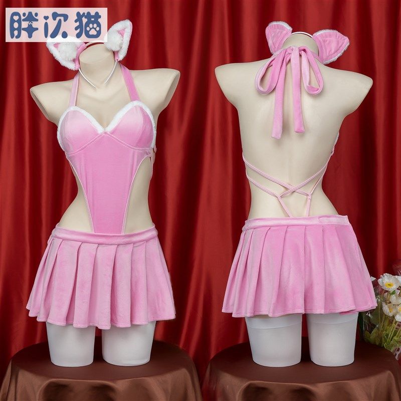 连体猫女郎套装 毛绒性感兔女郎学姐挂脖吊带睡裙高叉家居服