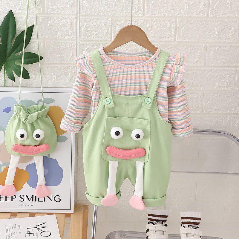 女童背带裤套装秋装2024新款婴儿洋气时髦衣服宝宝两件套春秋卡通
