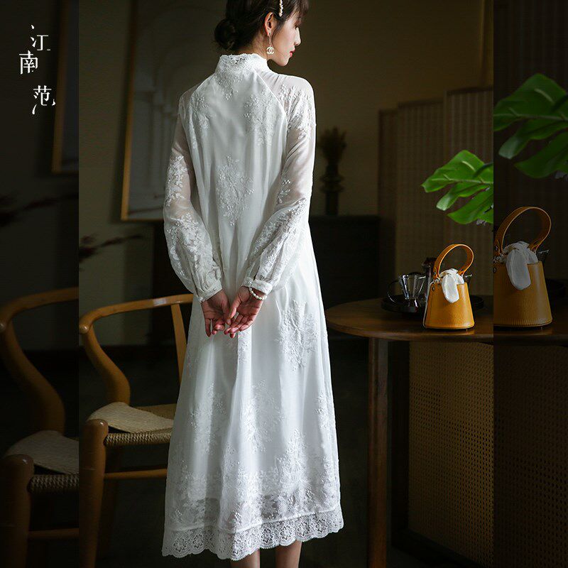 江南范新中式白色全开襟改良旗袍领证轻婚纱蕾丝复古茶服连衣裙春