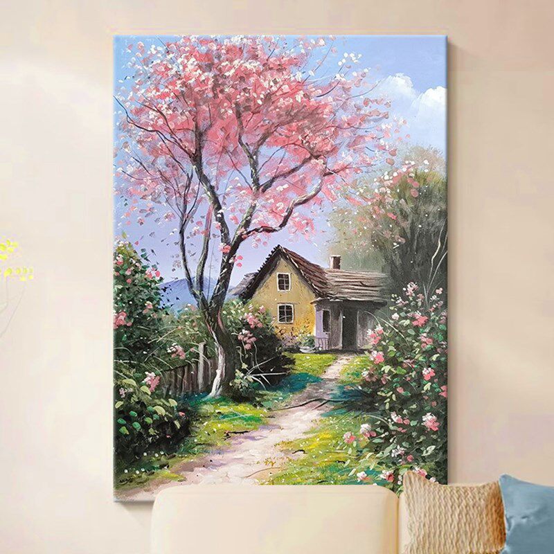 田园风新中式纯手绘油画乡村玄关装饰画治愈系入户玄关客厅挂画