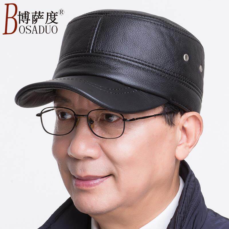 中老年帽子男士春秋季爸爸时尚平顶帽冬季保暖帽护耳帽真皮老人帽