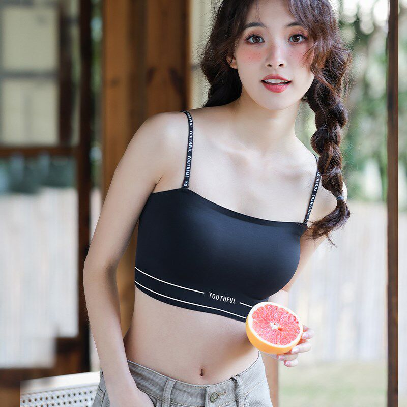 字母细肩带抹胸内衣防走光夏季无痕美背文胸小胸聚拢少女黑色裹胸