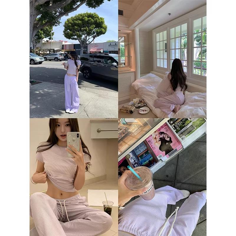 韩版条纹睡衣女夏季套装圆领短袖T恤+抽绳休闲长裤清爽春秋家居服
