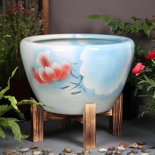 庭院园艺茶室民宿插花陶瓷鱼缸大型落地缸大厅前台聚宝盆荷花碗莲