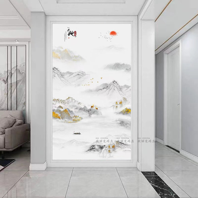 岩板玄关背景墙入户过道客厅石材大理石微晶石瓷砖壁画新中式山水