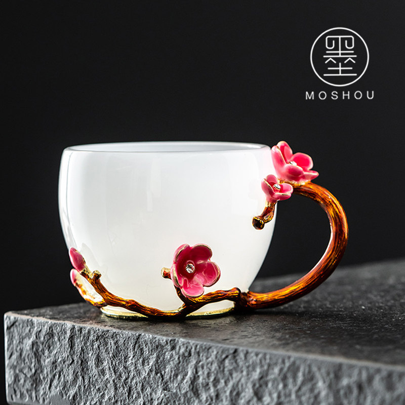 墨守珐琅彩水杯女创意花茶杯家用花朵茶杯泡茶琉璃杯子水晶玻璃杯
