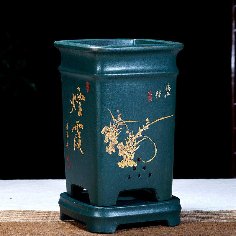 精品紫砂花盆悬崖盆景盆四方高千筒兰花盆君子兰盆栽带托盘陶瓷盆