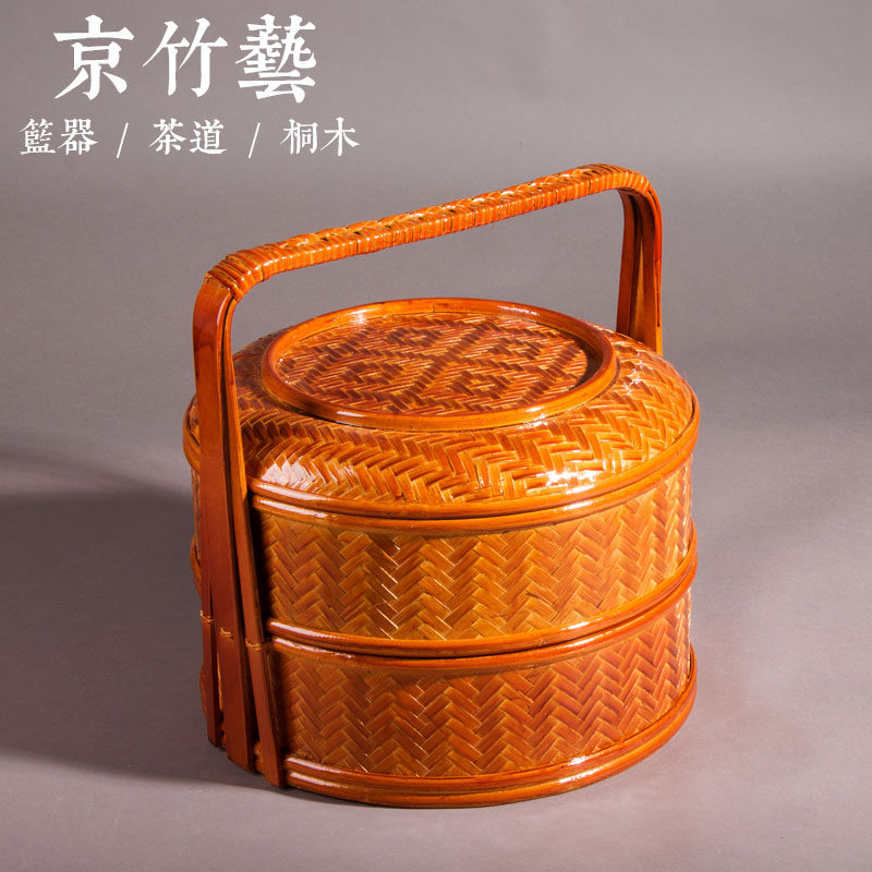 竹编手工艺 圆形二层送餐篮 食盒提篮 婚庆礼品蓝 提篮茶筐现货