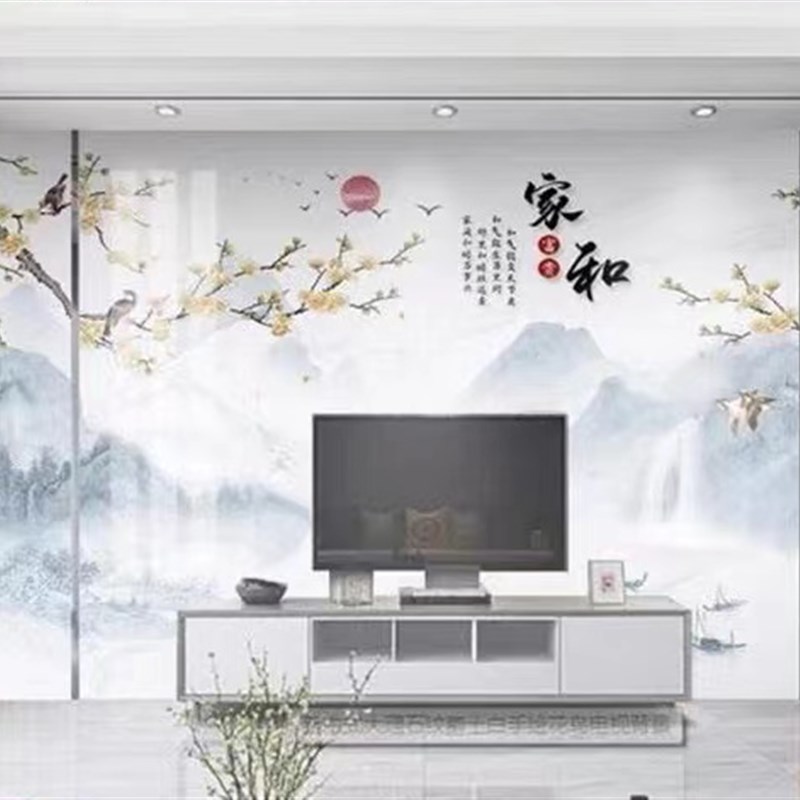 新中式电视背景墙微晶石瓷砖岩板大理石客厅轻奢现代山水画影视墙