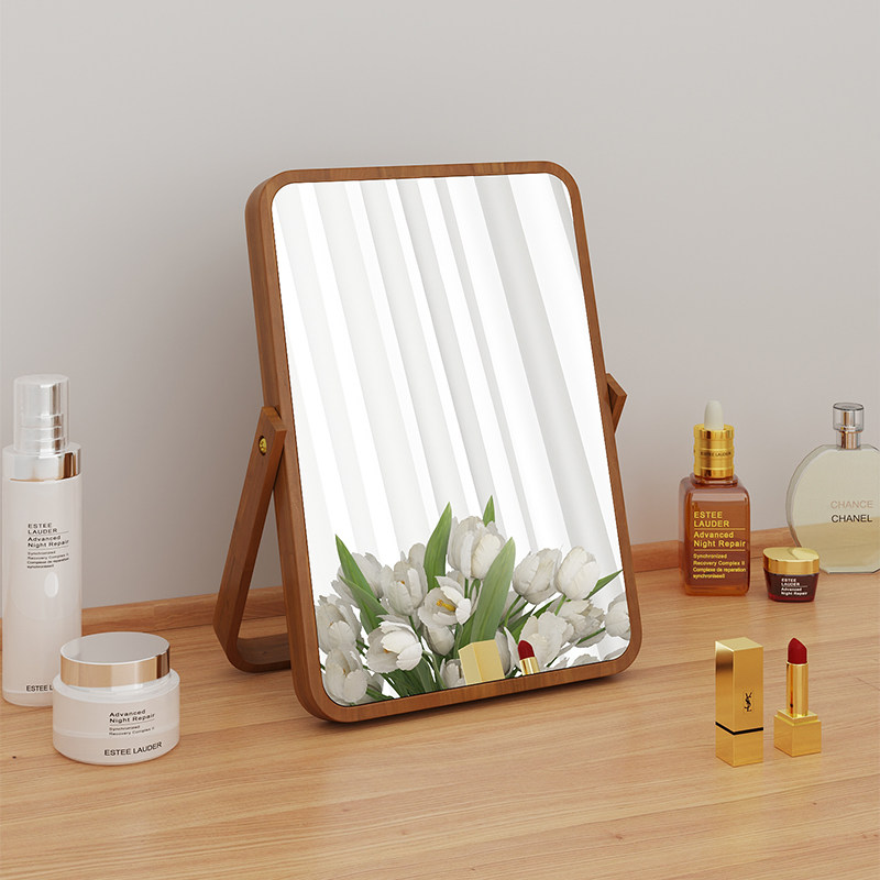 简约实木化妆镜家用桌面大号可折叠梳妆镜办公室小型便携台式镜子