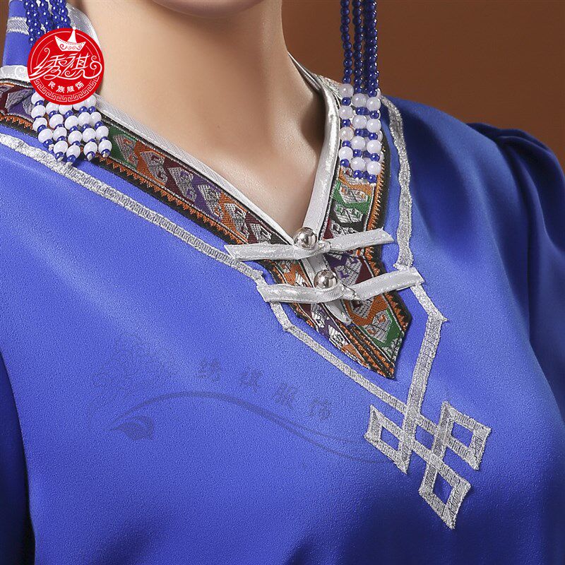 新款夏季女士蒙古袍短袖蒙古服装连衣裙日常v领装工作服女演出服