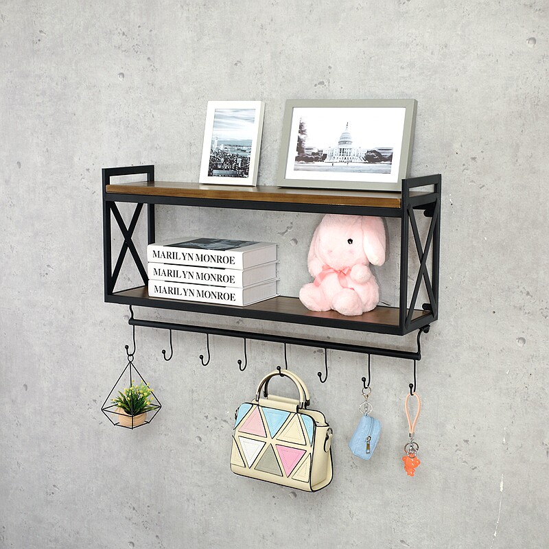 包邮复古铁艺实木置物架壁挂厨房调味架储物架浴室架咖啡杯架子