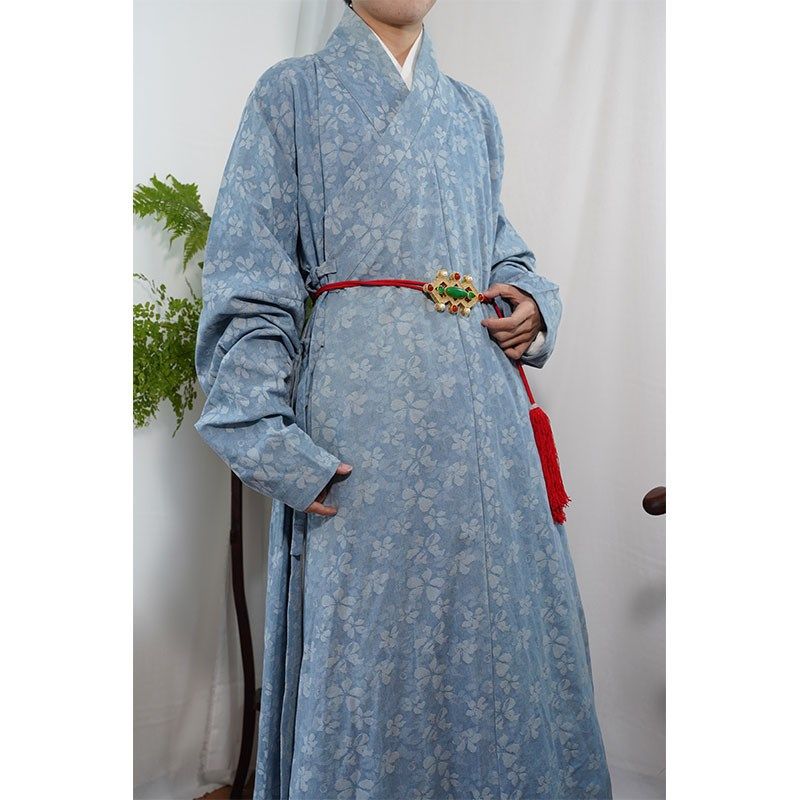 惜物国风 明制汉服蓝色牛仔提花明初圆领交领打褶长衫春秋款
