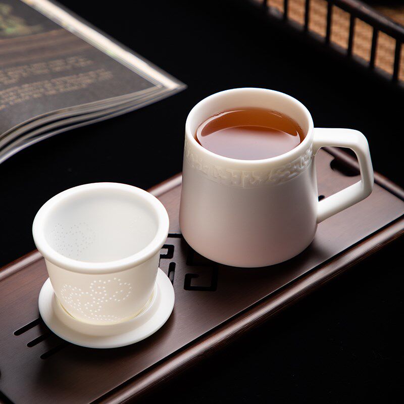 德化陶瓷羊脂玉瓷茶杯个人专用办公杯高档水杯带盖马克杯白瓷杯子