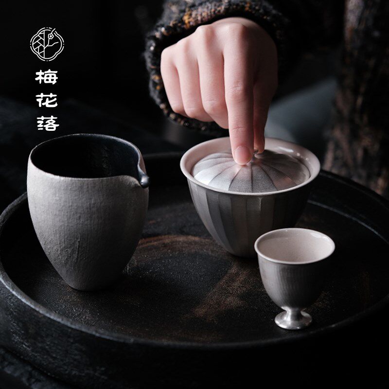 梅花落银釉菊棱盖碗茶杯薄胎瓷公道杯不烫手泡茶器吴一延手作