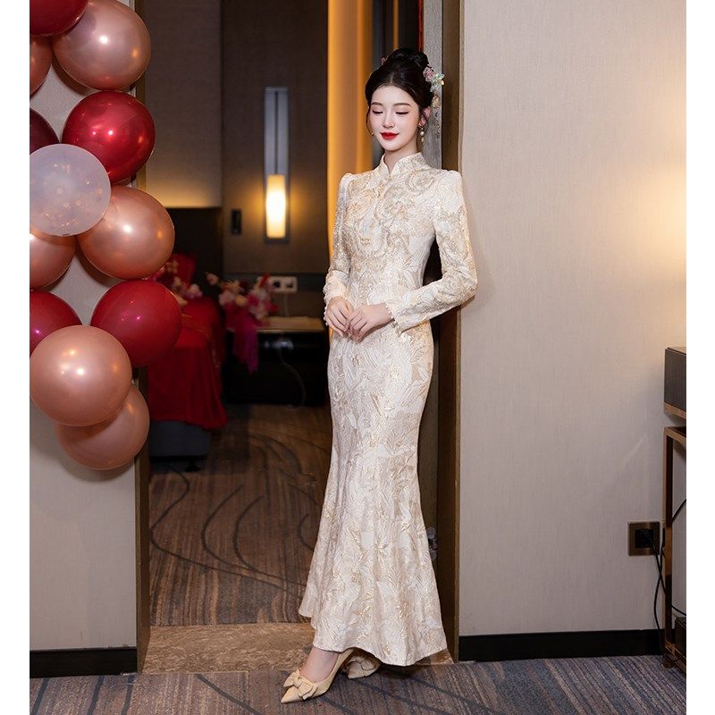 香槟色鱼尾晚礼服女高级感秋冬订婚衣服新中式敬酒服新娘结婚旗袍