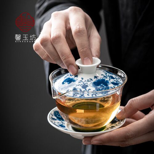 加厚耐高温陶瓷玻璃盖碗功夫茶具大号三才碗茶碗茶杯泡茶器手抓壶