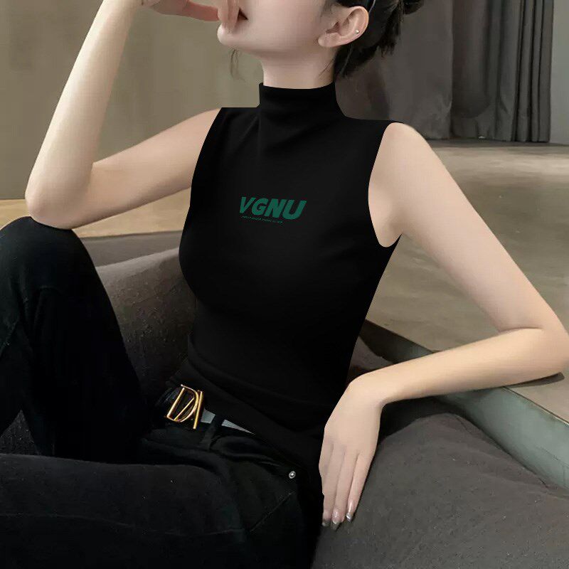 2025新款夏季黑色半高领紧身吊带背心女无袖打底内搭薄款针织上衣