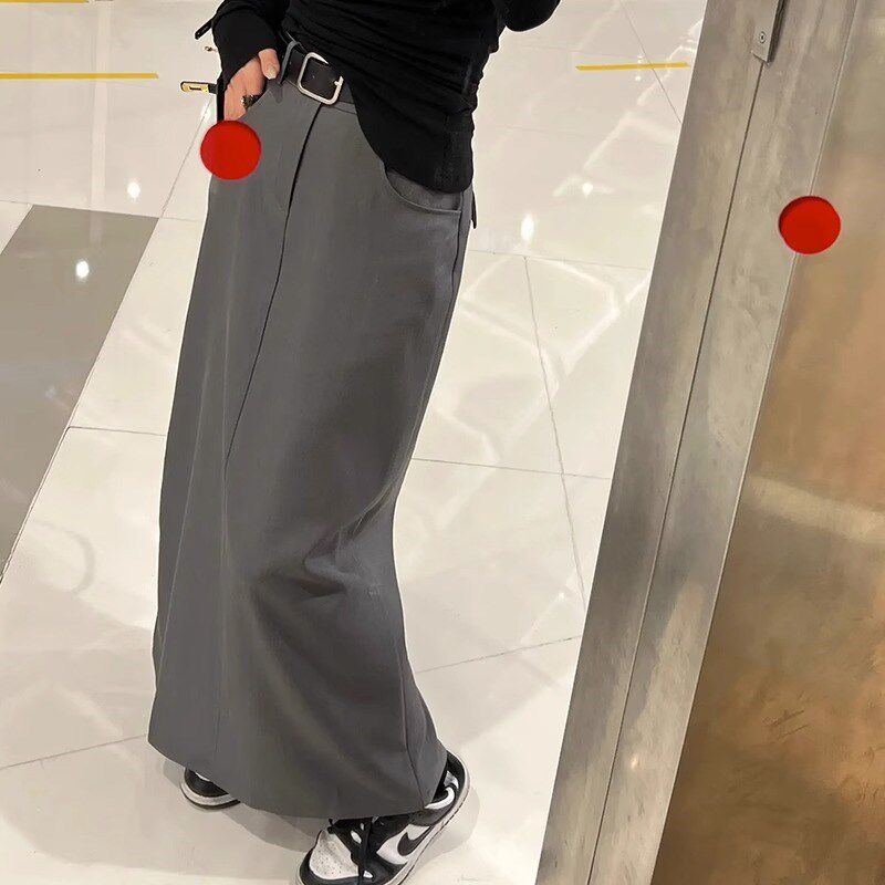 黑色西装半身裙女夏季中长款A字裙高腰百搭配腰带小个子开叉长裙