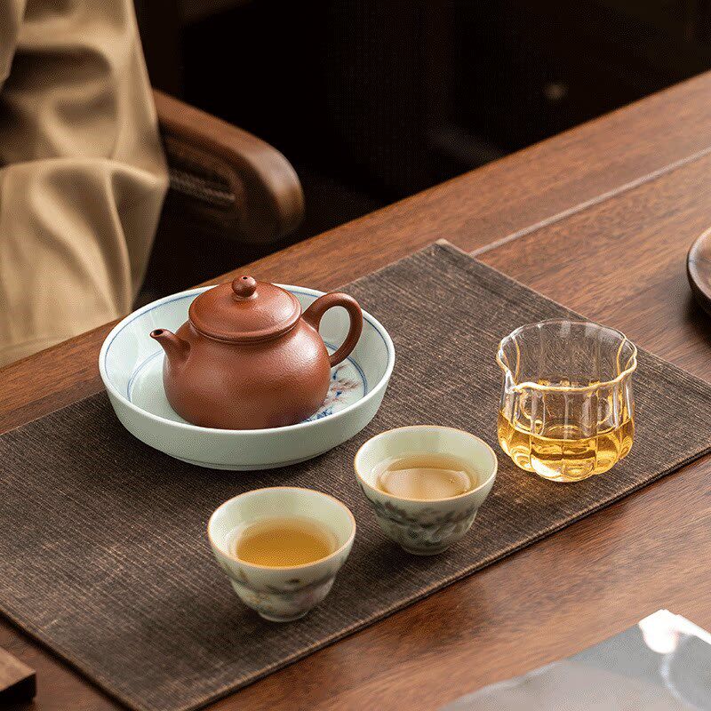 紫砂朱泥壶承  双杯梨皮平底套装茶具  高档功夫茶具