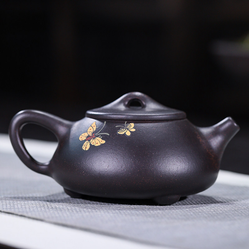 宜兴紫砂壶手工泥绘石瓢黑朱砂蝴蝶兰花球孔出水茶壶石瓢230毫升