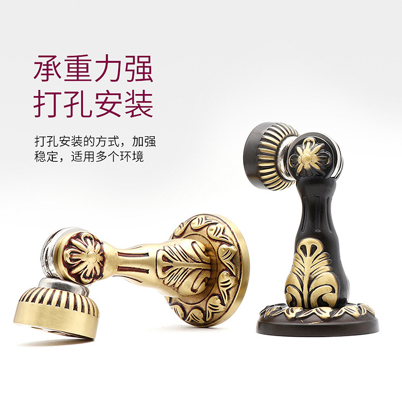 雕花高档门吸铜制复古吸门器欧式静音墙吸强磁吸力黑色黄铜地吸