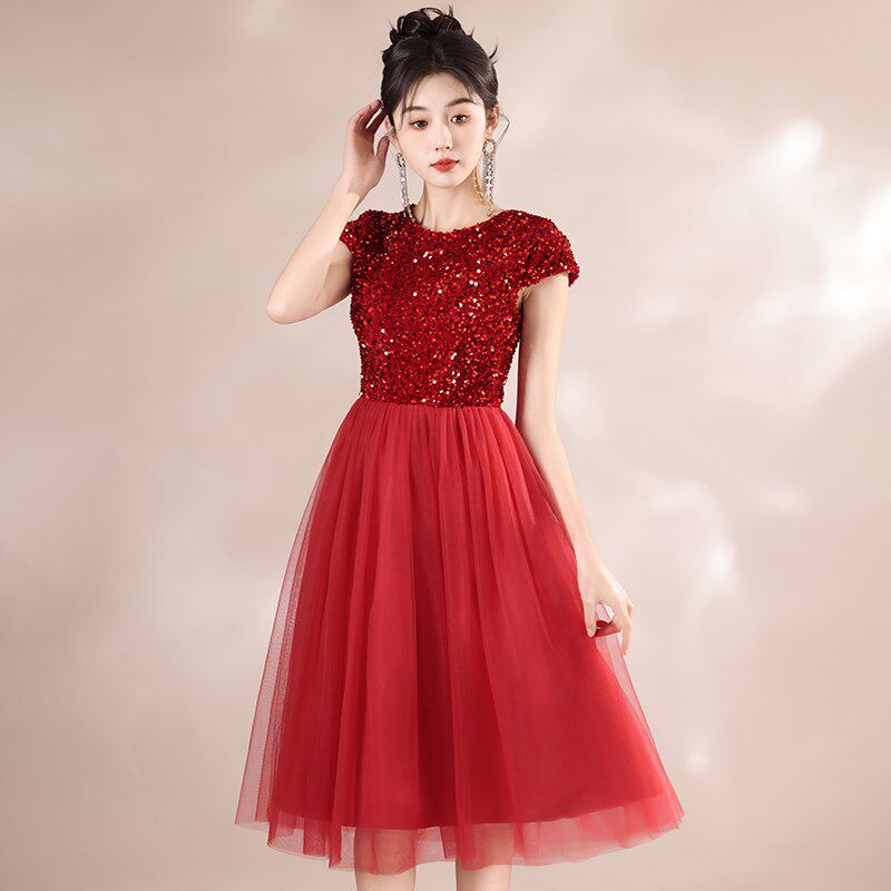 红色大合唱团演出服女学生红歌主持诗歌朗诵服装成人礼服中长短裙