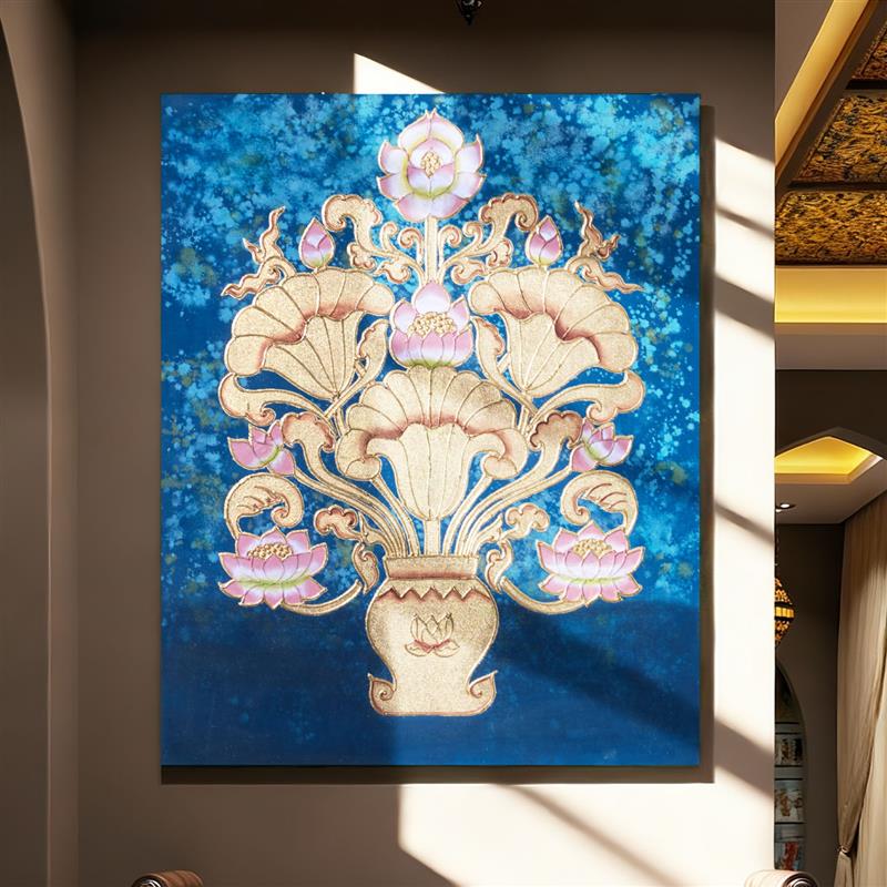 入户玄关装饰画泰国手绘荷花金箔酒店过道壁饰玄关沙发背景墙挂画
