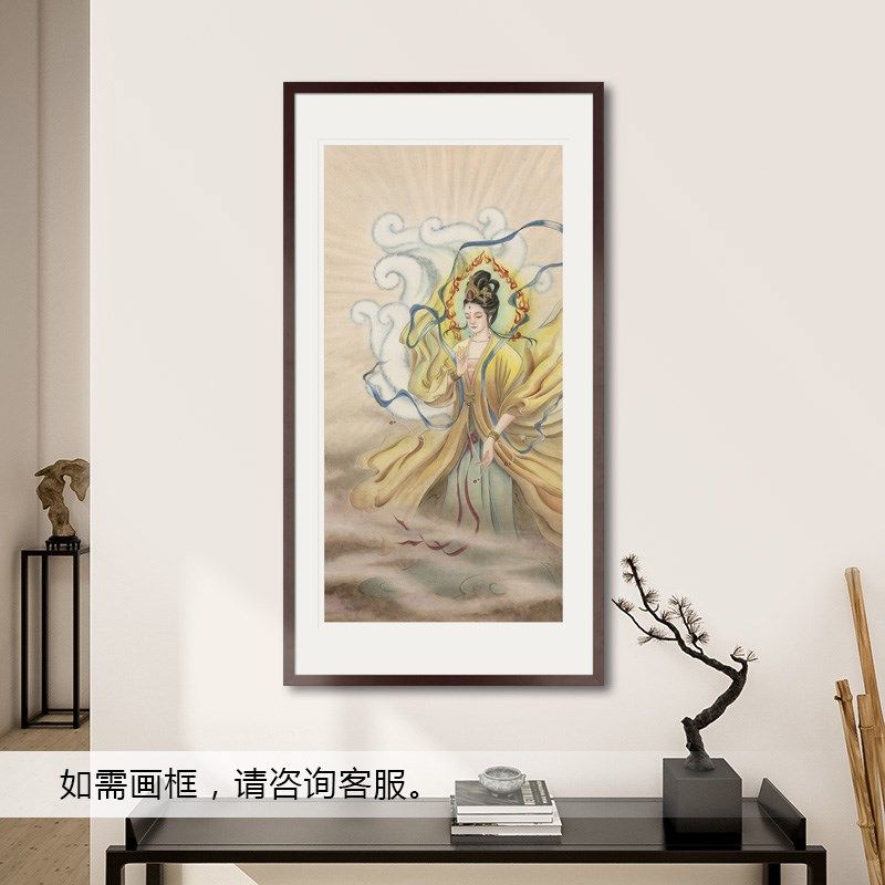 工笔神仙人物国画玄狐元君九尾狐画像玄关书房中式画轴卷轴挂画框