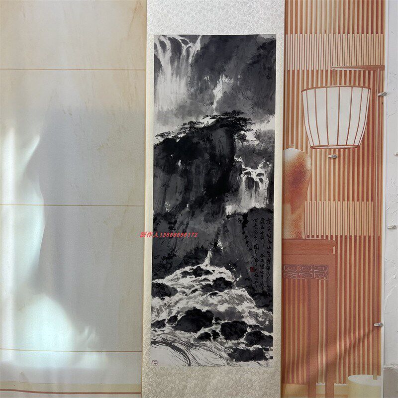 傅抱石 飞泉图 仿古写意山水国画水墨画高清微喷复制装饰画挂画