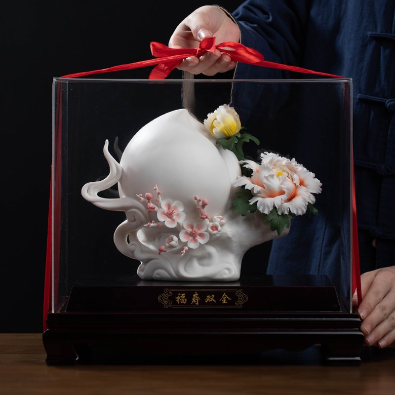 新中式手工陶瓷花寿桃生日礼品摆件 创意送长辈祝寿礼物/福寿双全