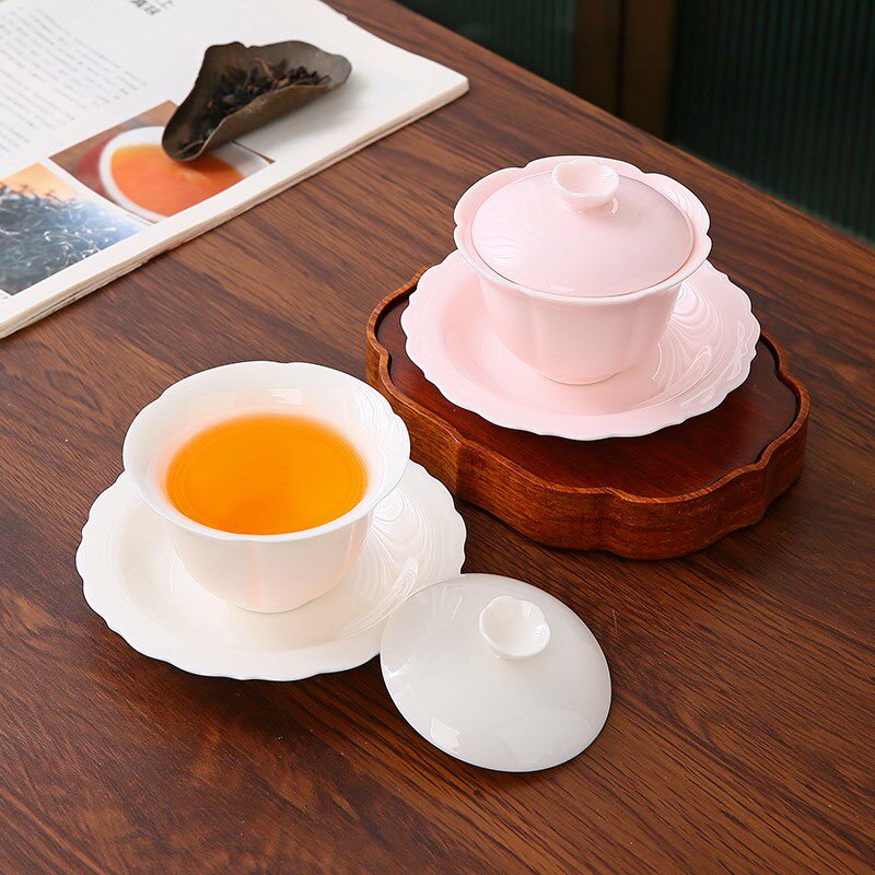 羊脂玉樱花粉三才盖碗泡茶碗轻奢办公家用功夫茶具高档茶碗茶杯子