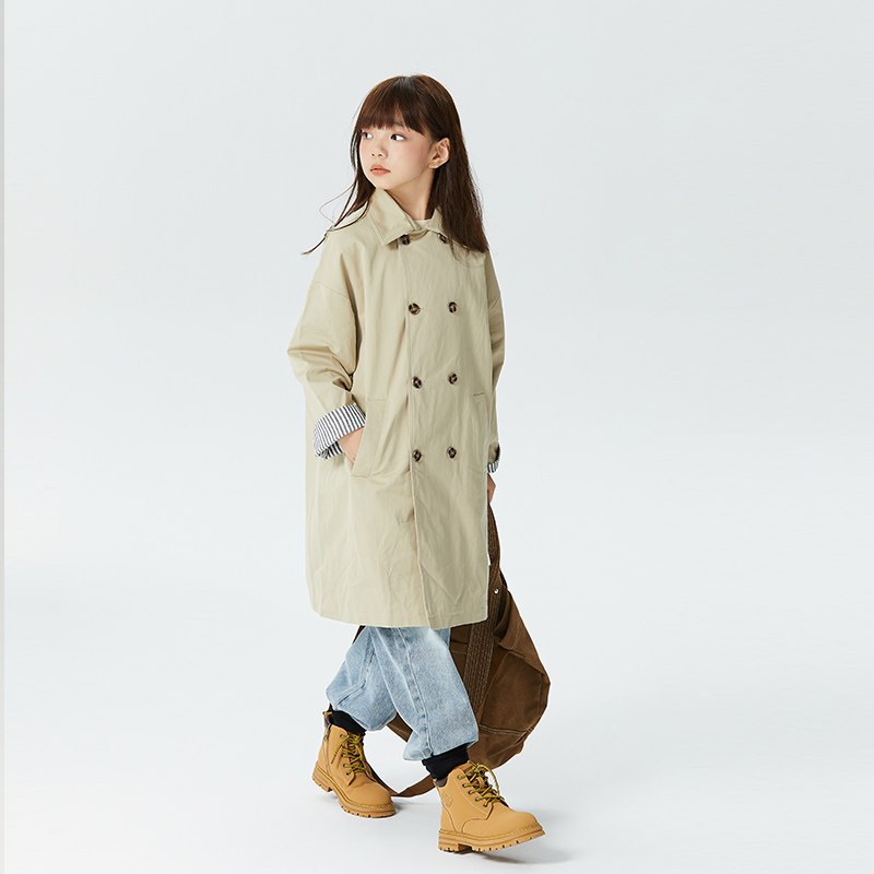 女童风衣小个子亲子装春秋新款上衣2023新款儿童外套中大童中长版