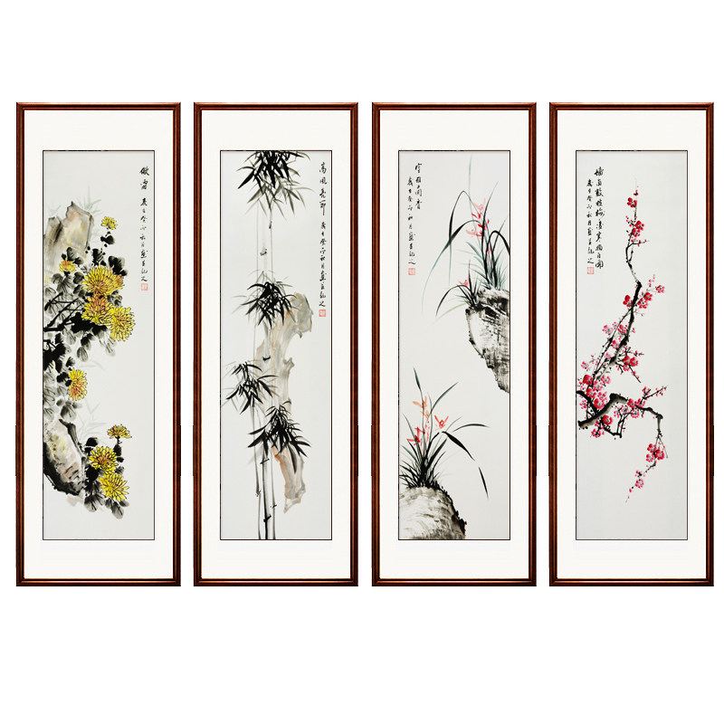 梅兰竹菊四条屏挂画中式客厅沙发背景墙壁画茶室书房四联花鸟装饰
