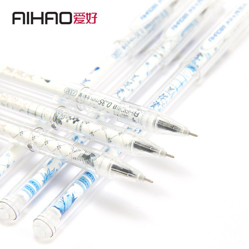 爱好4011兰花瓷中性笔学生用0.35签字笔黑色晶蓝墨蓝水笔1330笔芯
