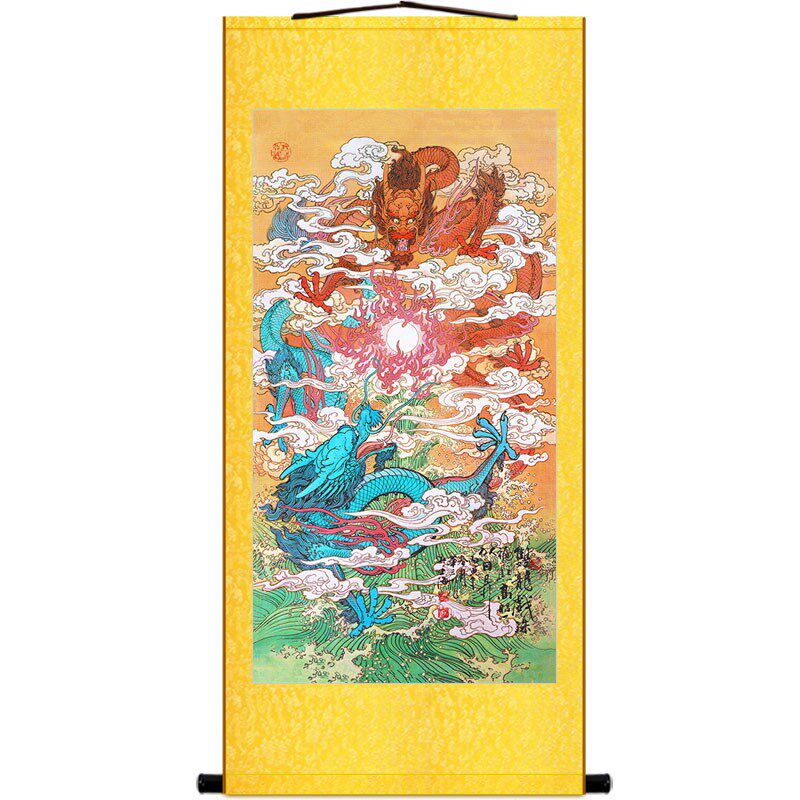 龙凤呈祥图 双龙戏珠吉祥装饰画 中式复古绢布卷轴挂画丝绸画定制