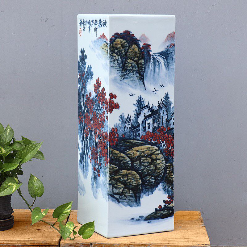 吴国军大师手绘精品花瓶青花瓷釉下彩景德镇陶瓷器四方镶气山水