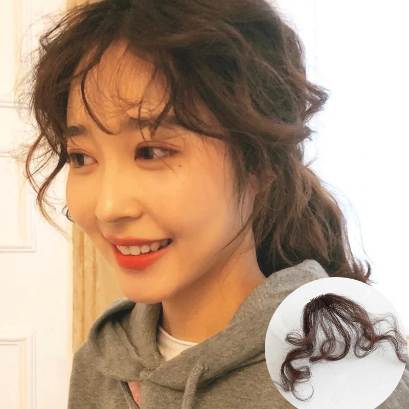真人短卷发假发深棕色自然补发块前额短发刘海假发片女神器