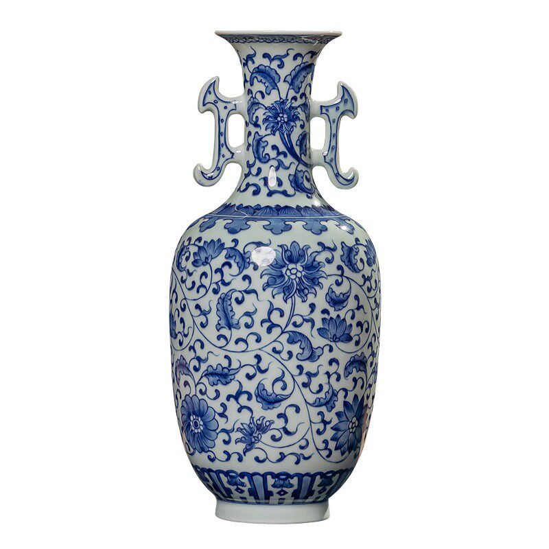 景德镇陶瓷花瓶青花瓷缠枝双耳瓶中式复古客厅玄关瓷器摆件装饰品