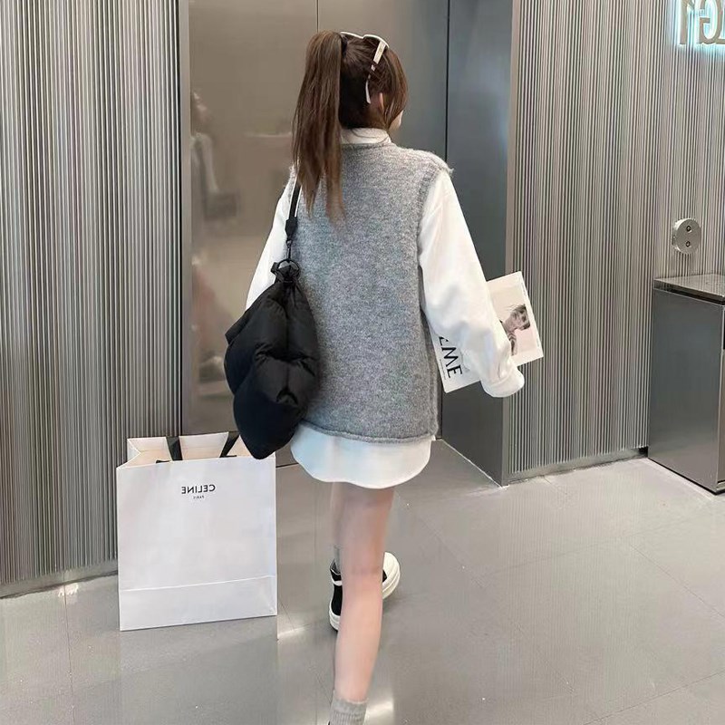 学院风V领卷边针织背心女秋冬宽松百搭叠穿毛衣马甲无袖套头上衣