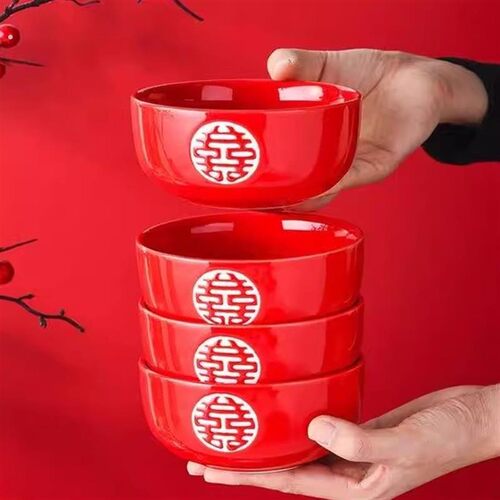 女方陪嫁喜碗结婚碗筷套装高颜值喜庆红碗敬茶杯礼物新人伴手厂家