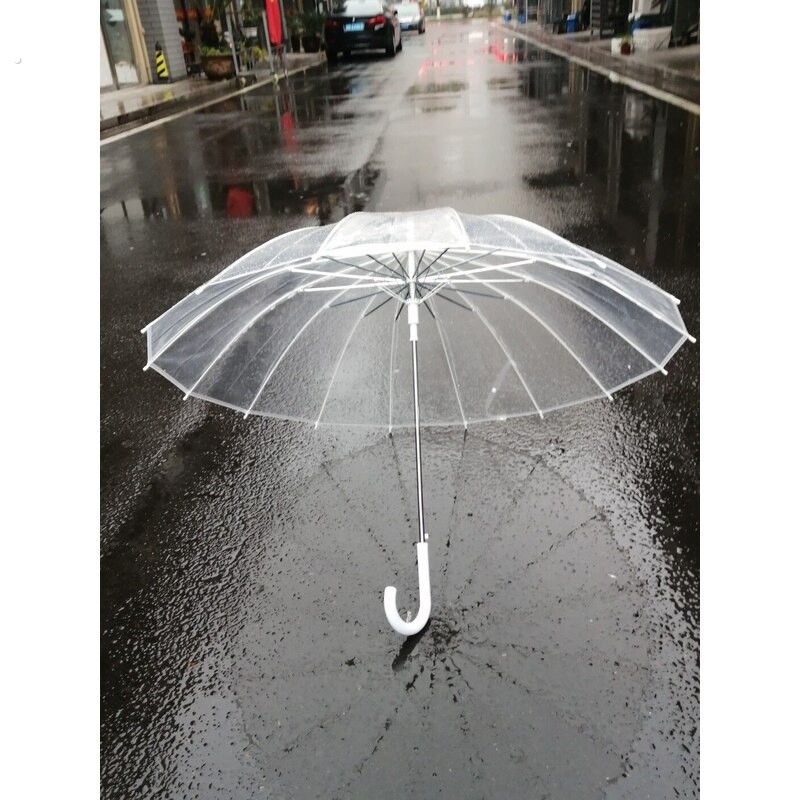 16骨抗风长柄透明晴雨伞 玻璃纤维骨架自动升降款